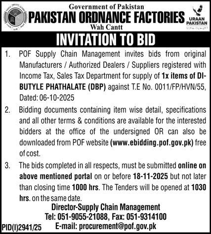 Pakistan Ordnance Factories Wah Cantt Tender Notice